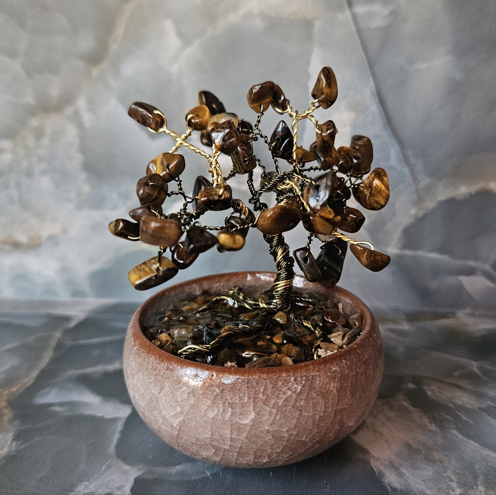Tiger's Eye Gemstone Bonsai Tree Sculpture